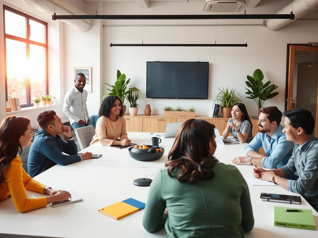 A vibrant, modern office space with a diverse team collaborating around a large table, showing a positive and innovative work environment.
