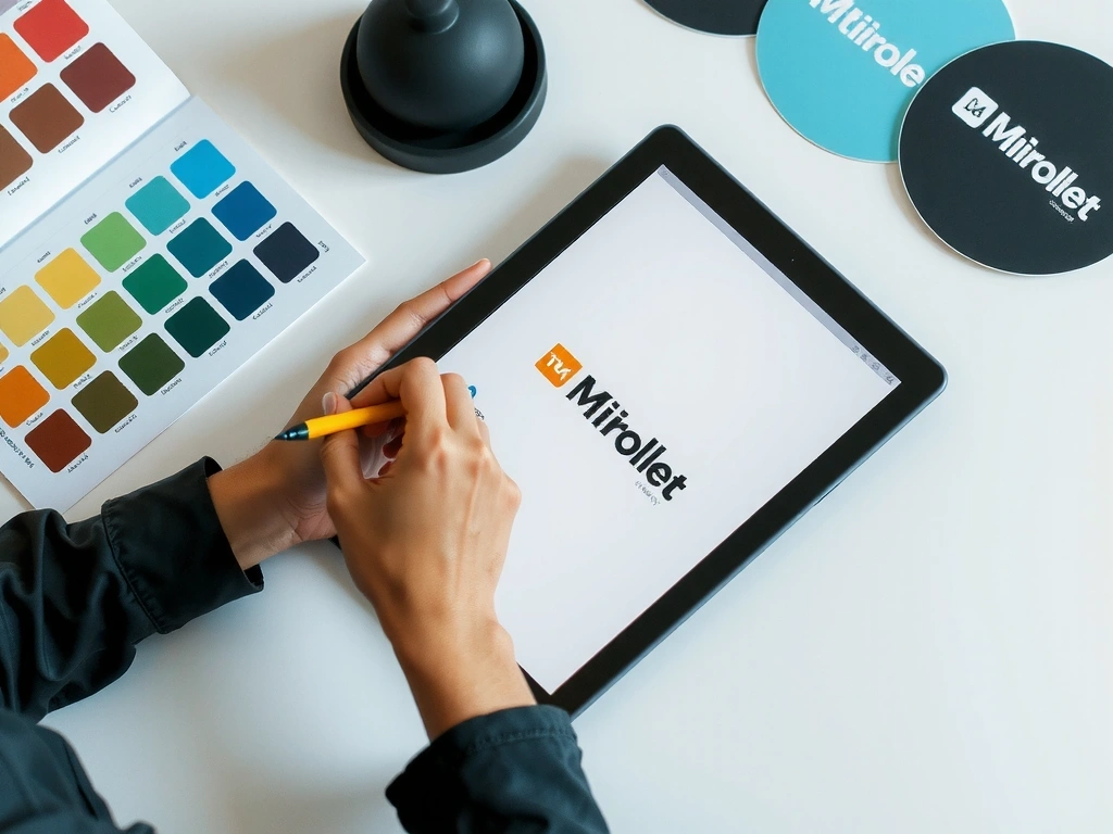 A professional designer sketching a logo concept on a tablet, surrounded by color palettes and typography samples.