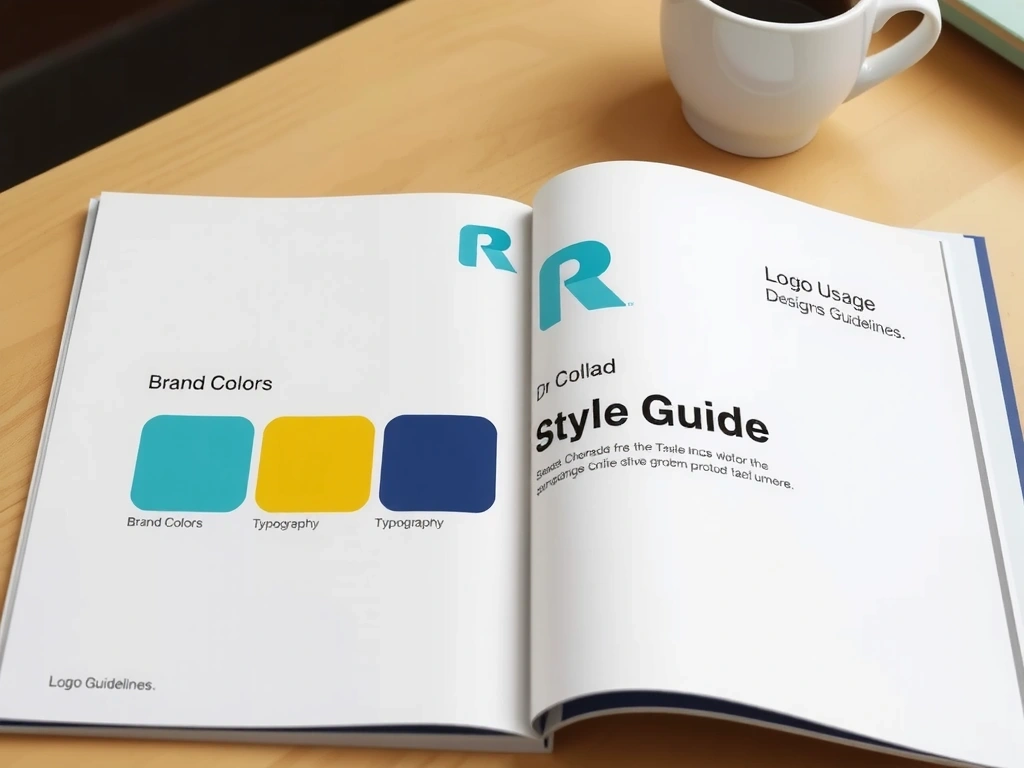 A stylish brand style guide open on a desk, showcasing brand colors, typography, and logo usage guidelines, with a coffee cup nearby.