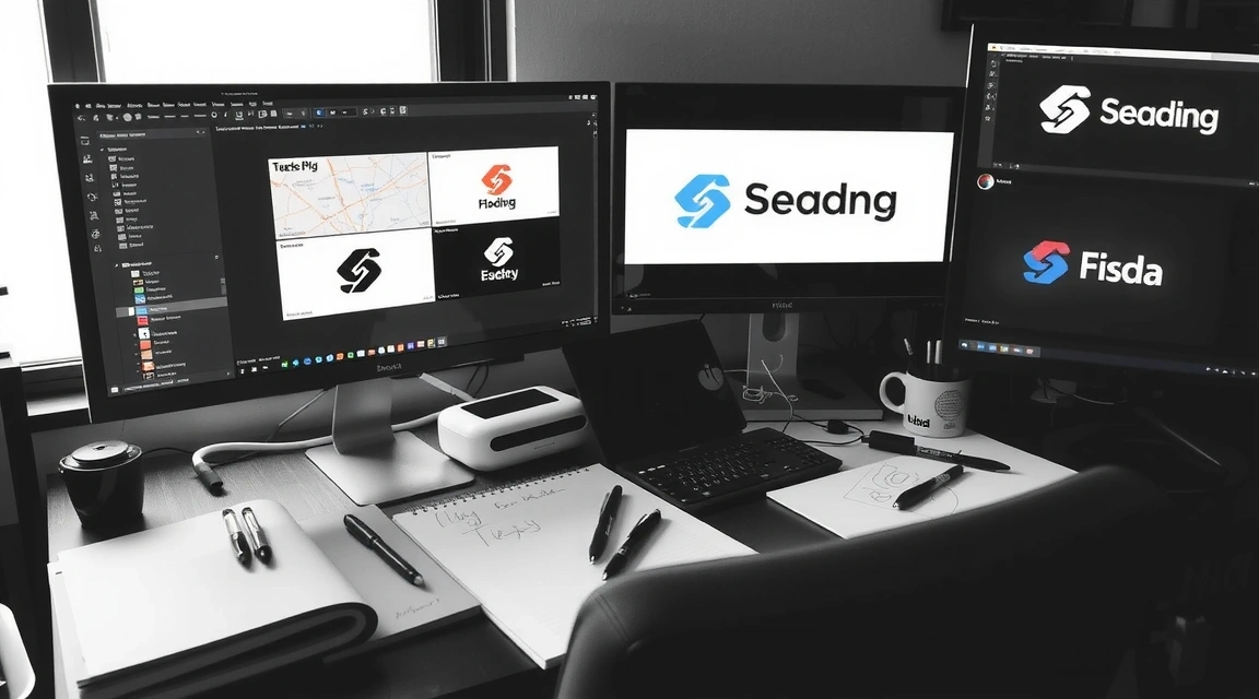 A designer's desk with multiple logo concepts displayed on a monitor, alongside sketchbooks and design tools.