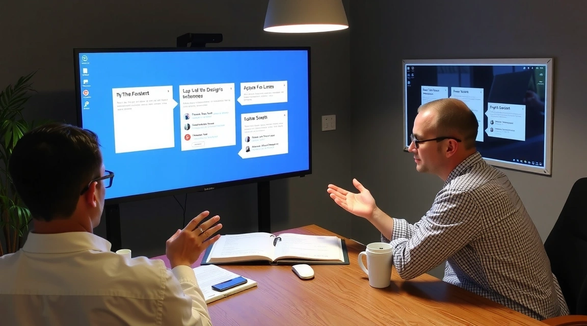 A client and designer reviewing design mockups on a screen, making collaborative adjustments and discussing feedback.