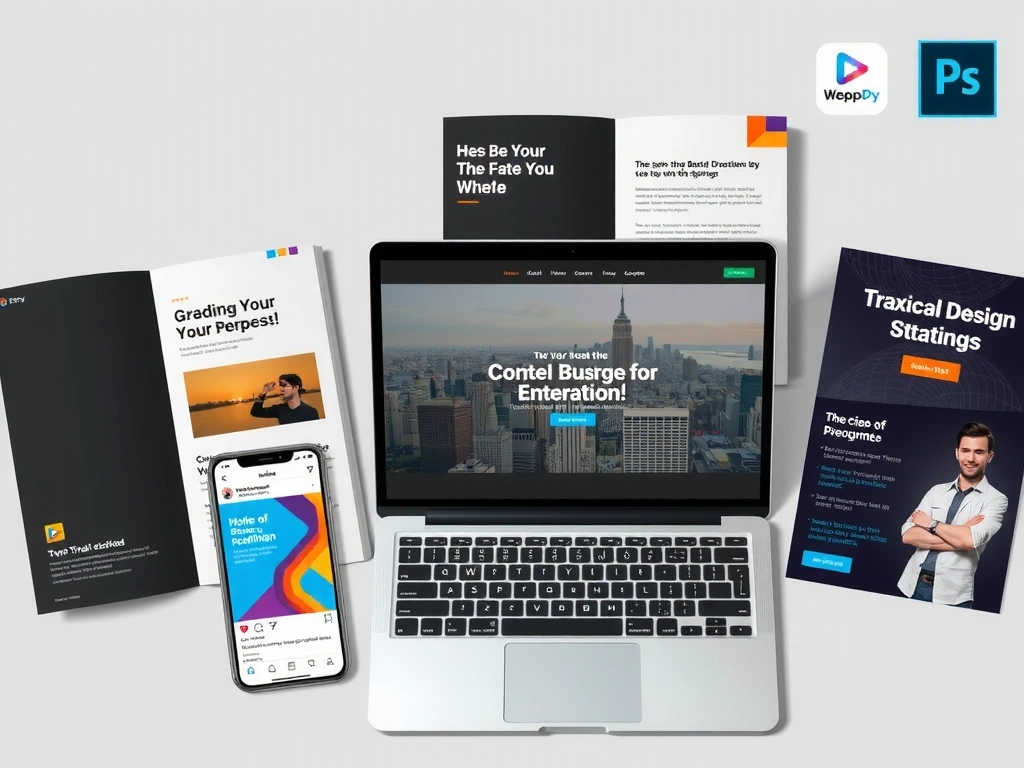 A collection of diverse graphic design examples including a brochure, a website mock-up, and a social media post, all professionally designed.