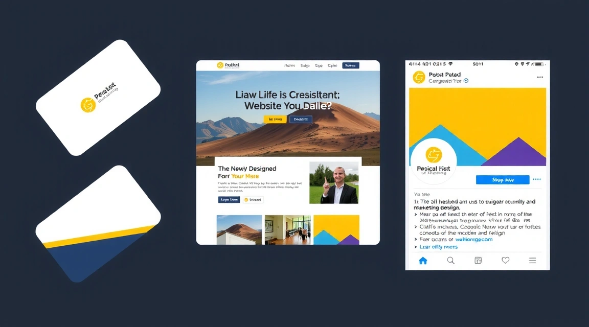 A cohesive set of marketing materials including a business card, a website screen, and a social media post, all featuring a newly designed brand identity.