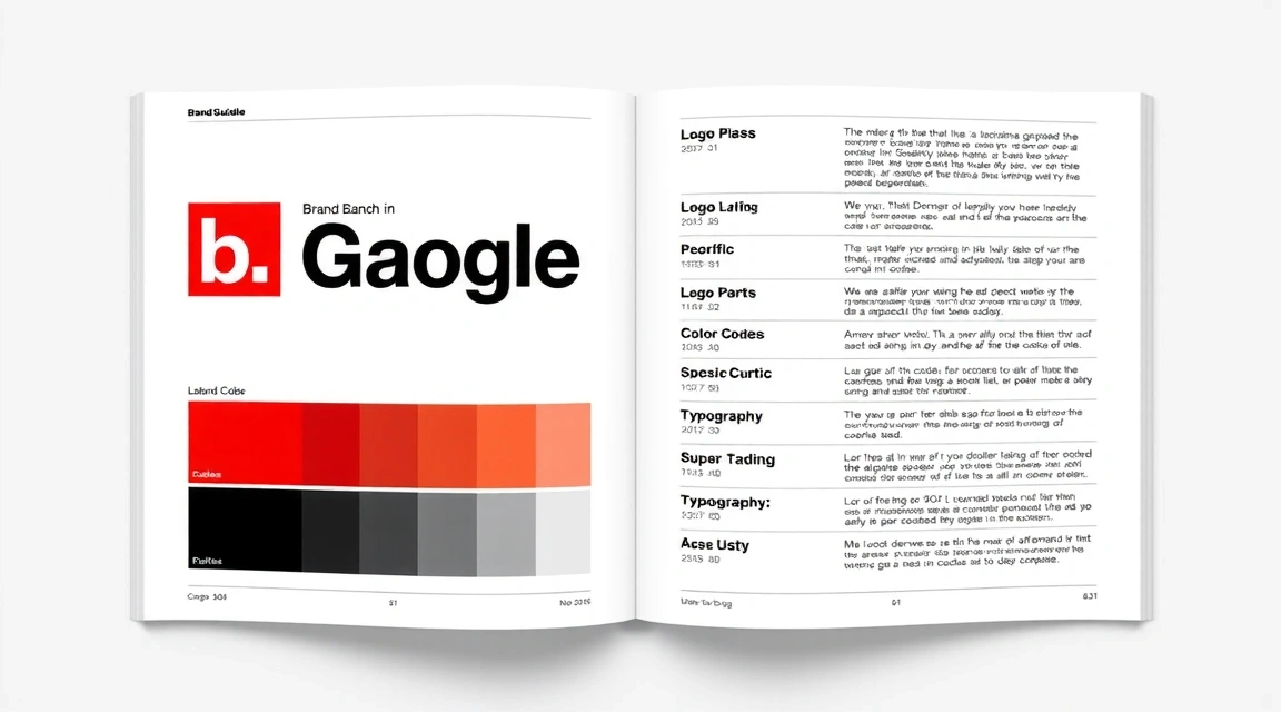 An open brand guideline book showing detailed rules for logo placement, color codes, and typography, with a sleek, minimalist design.