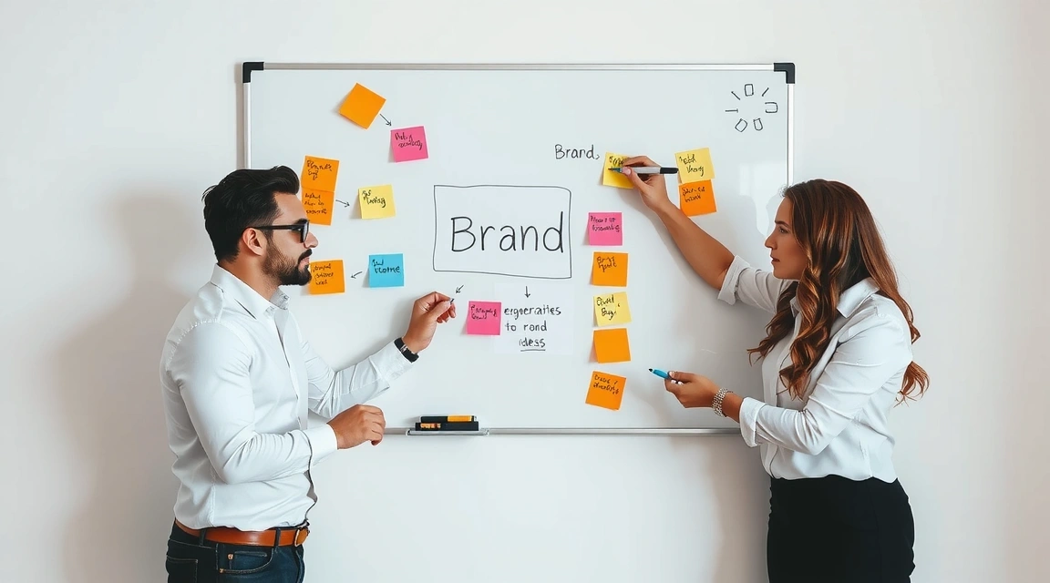 Two business professionals collaborating on a strategic whiteboard session, brainstorming brand ideas with sticky notes and markers.