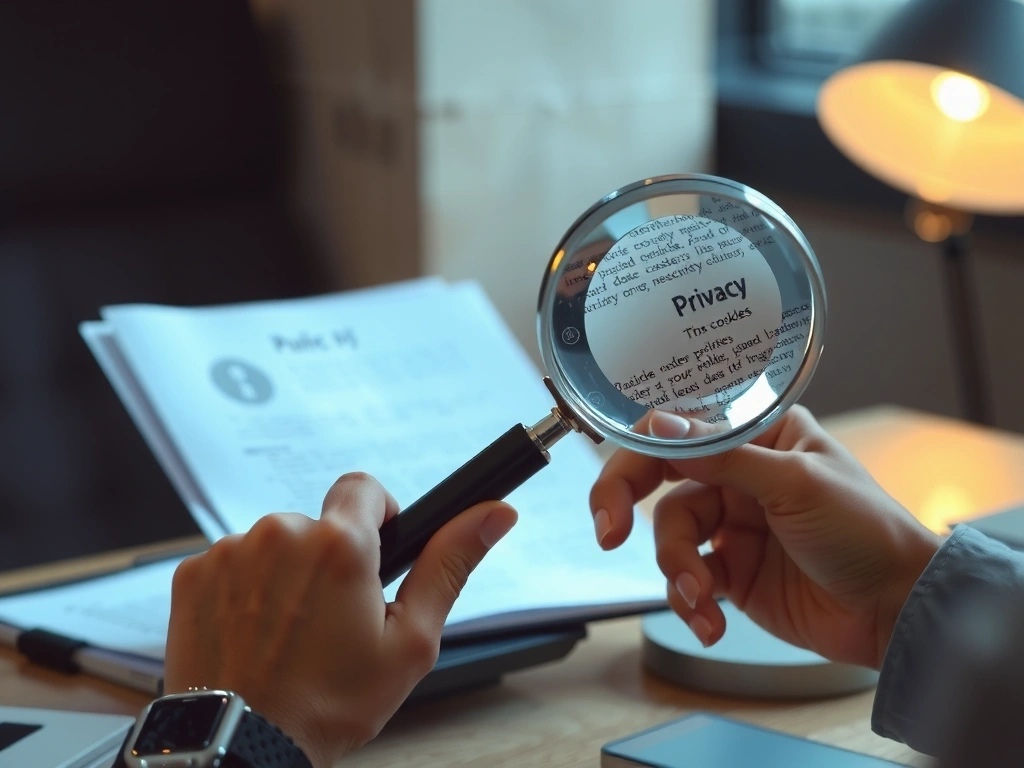 A person reviewing a digital document with a magnifying glass, symbolizing policy review and attention to detail.