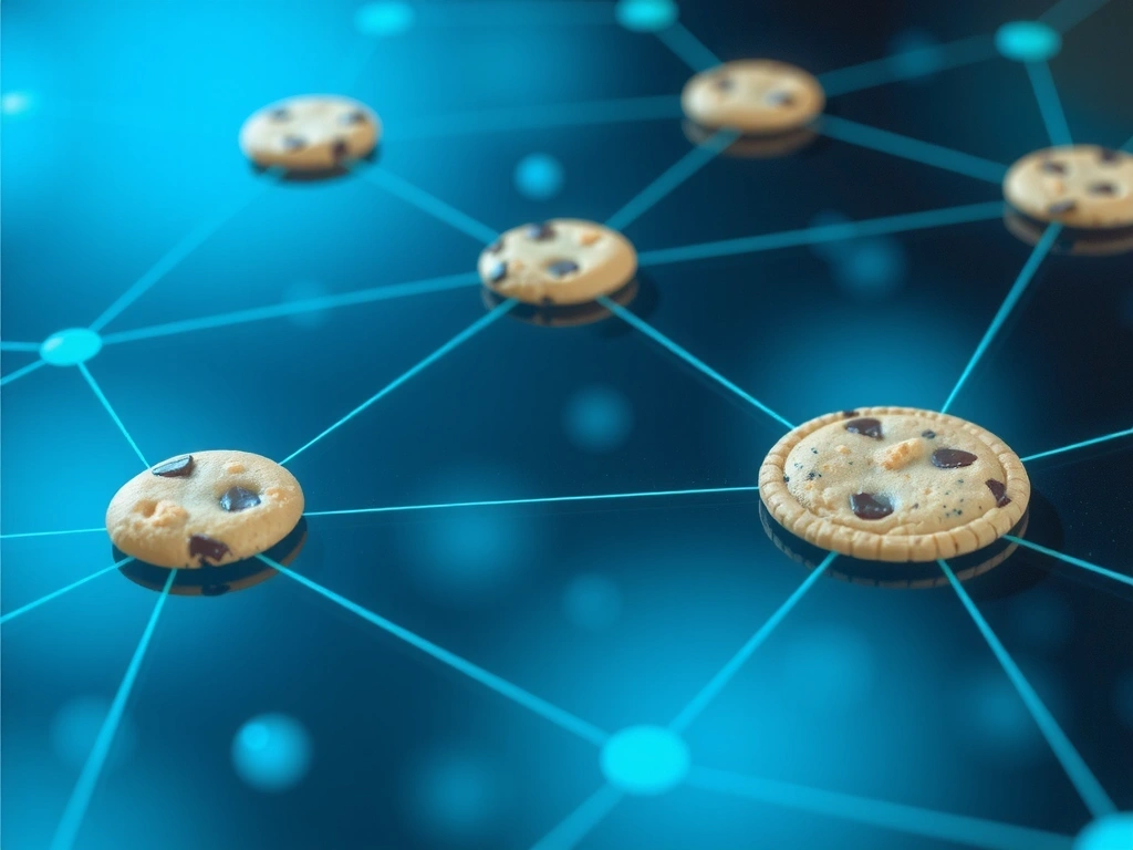 Abstract representation of digital data and cookies flowing across a network, illustrating internet privacy and data usage.
