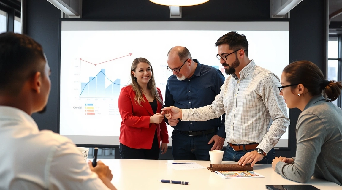 A team of marketing professionals collaborating around a large digital whiteboard, brainstorming ideas and analyzing data for a new digital strategy.