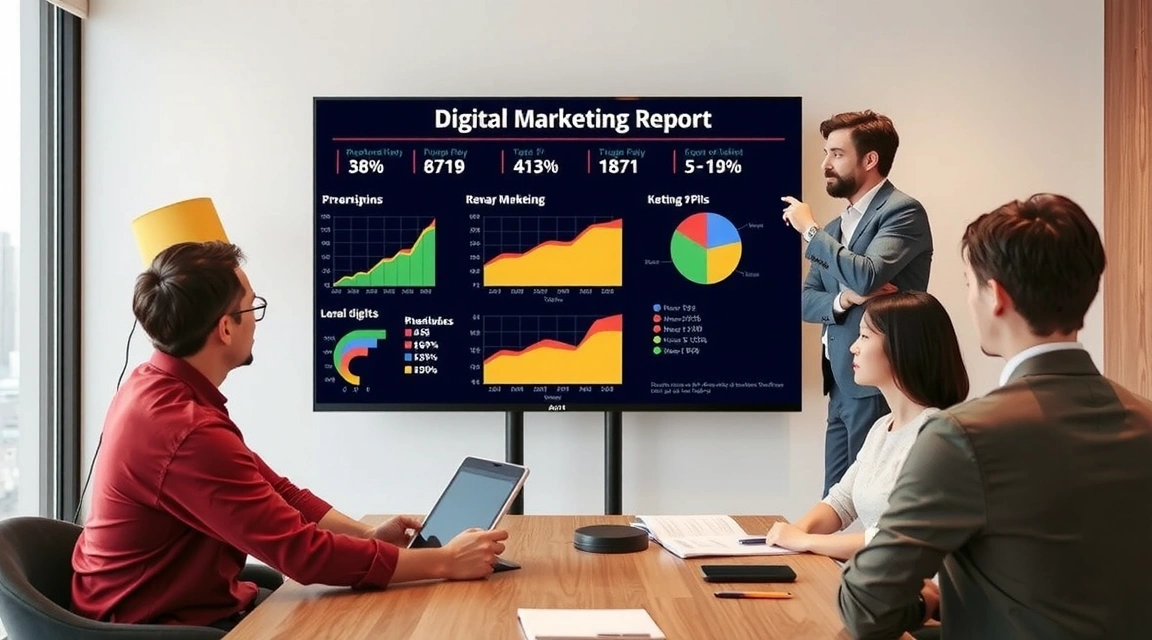 A professional presenting a detailed digital marketing report on a large screen to clients, showing clear graphs, data points, and ROI figures, in a modern meeting room.
