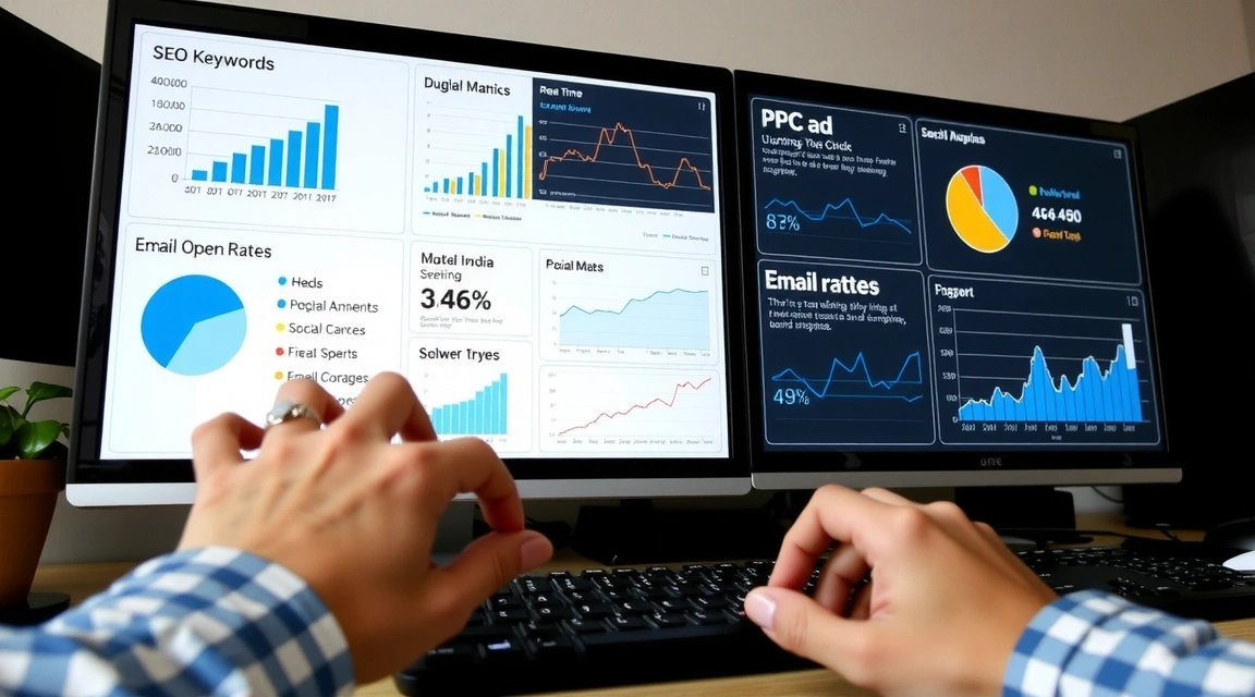A multi-screen dashboard displaying various digital marketing campaign metrics, charts, and live data feeds, with hands typing on a keyboard, symbolizing active campaign management.