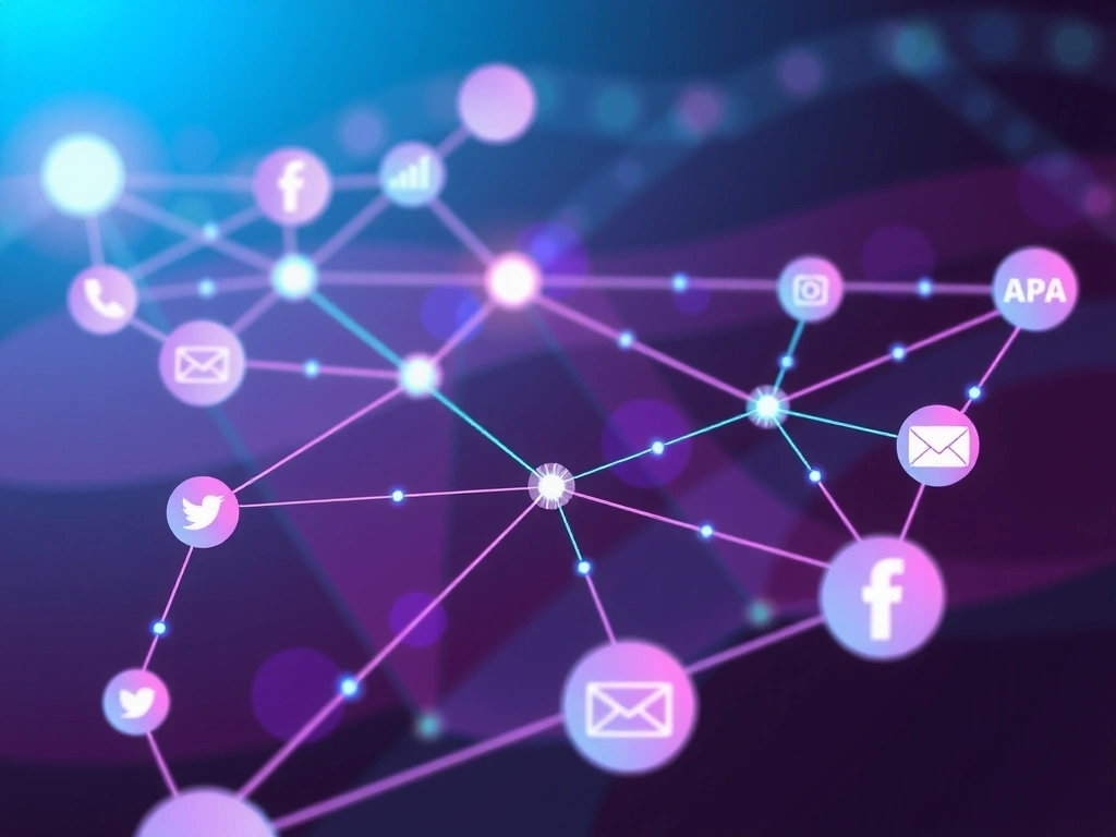 A vibrant, abstract digital marketing landscape with glowing data points and interconnected lines, symbolizing SEO, SEM, SMM, and Email Marketing working in harmony.