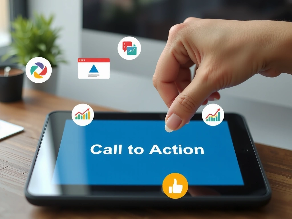 A close-up of a hand clicking on a 'Call to Action' button on a tablet, surrounded by floating icons representing PPC, display ads, and analytics charts.