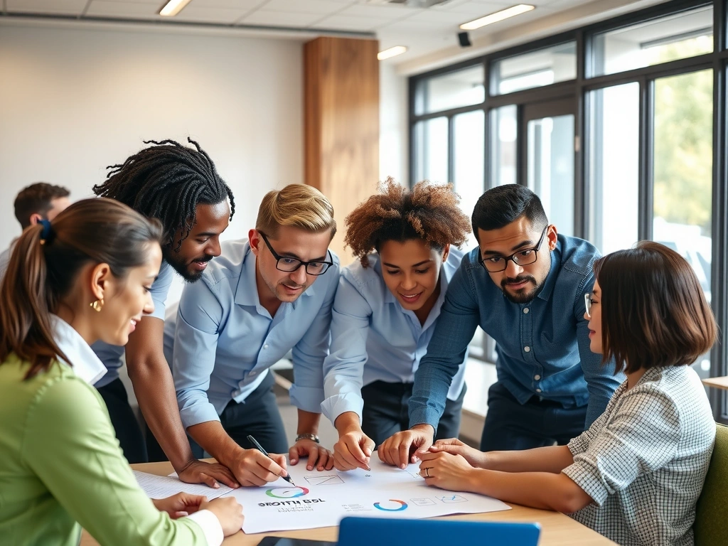 A diverse team of growthroom experts collaborating in a modern office environment, showcasing their dedication and expertise.