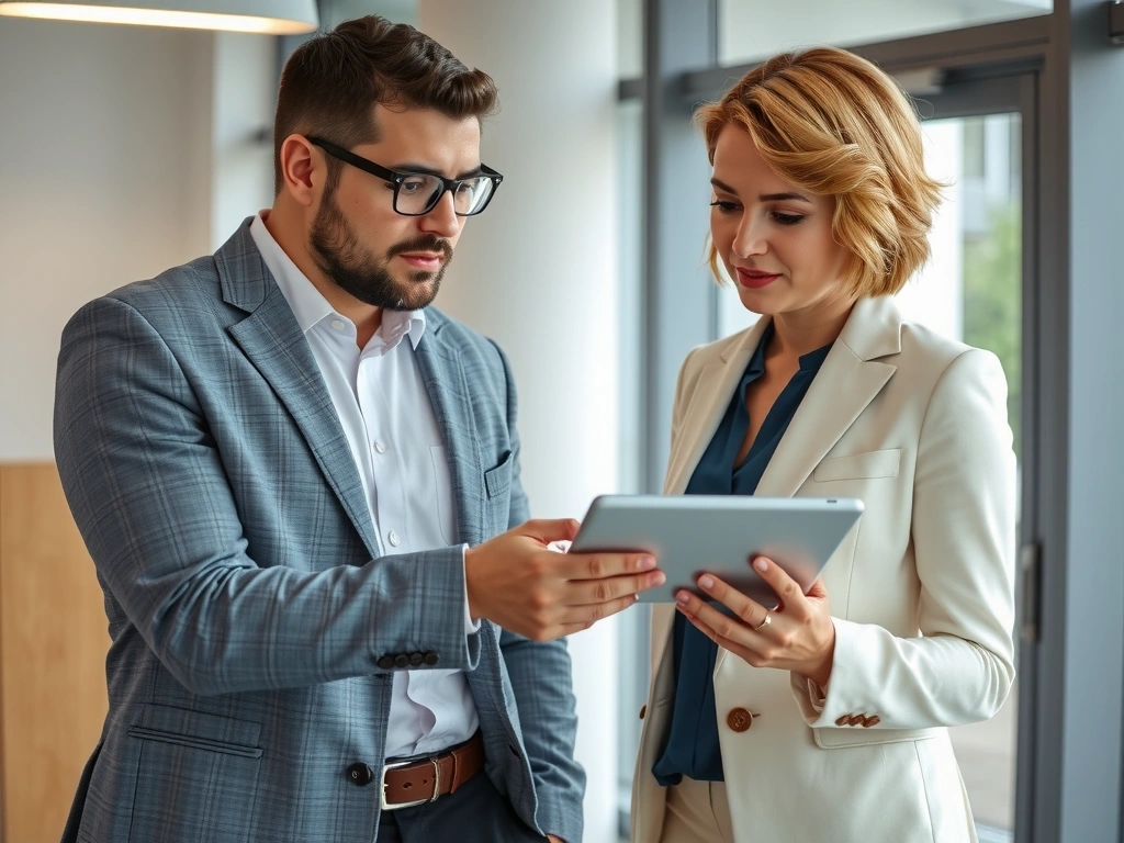 Two business professionals discussing a project on a tablet, symbolizing collaboration and strategic planning.
