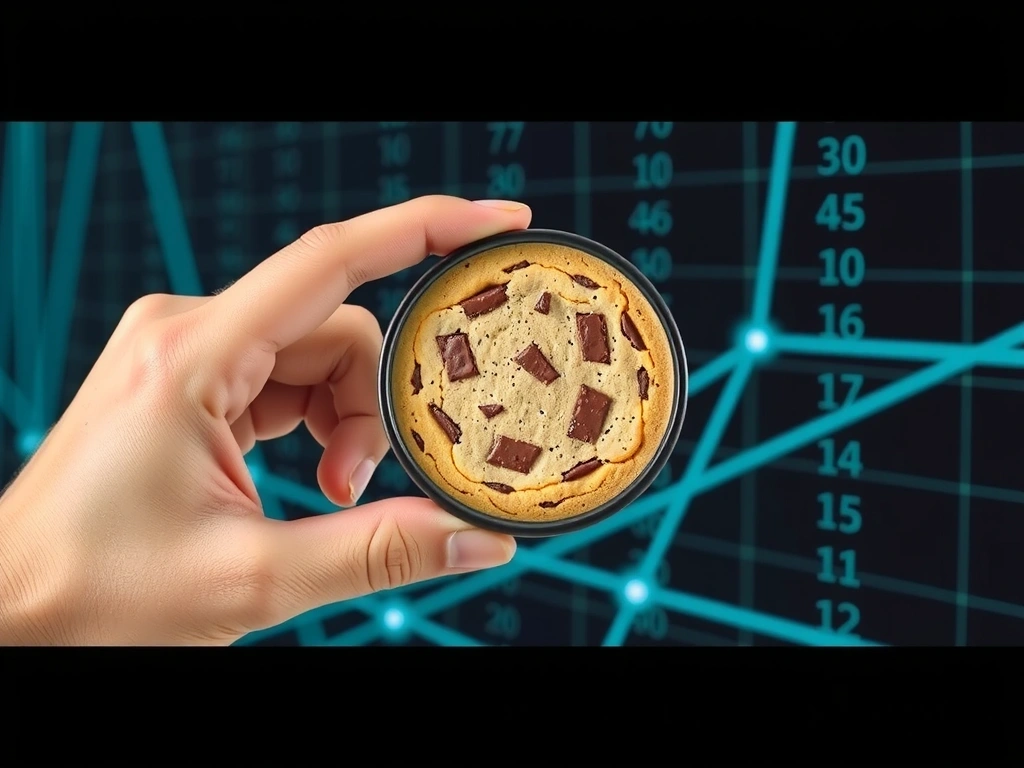 A hand holding a magnifying glass over a cookie, symbolizing cookie tracking