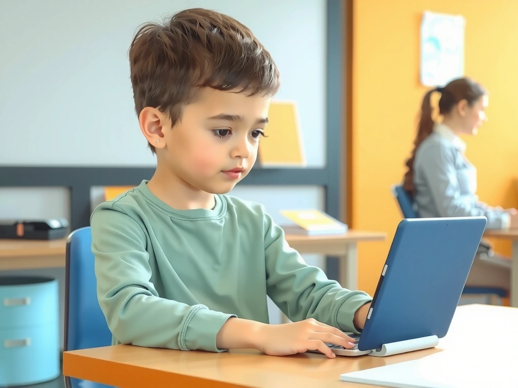 Illustrative image of a child safely using a tablet, with parental supervision implied