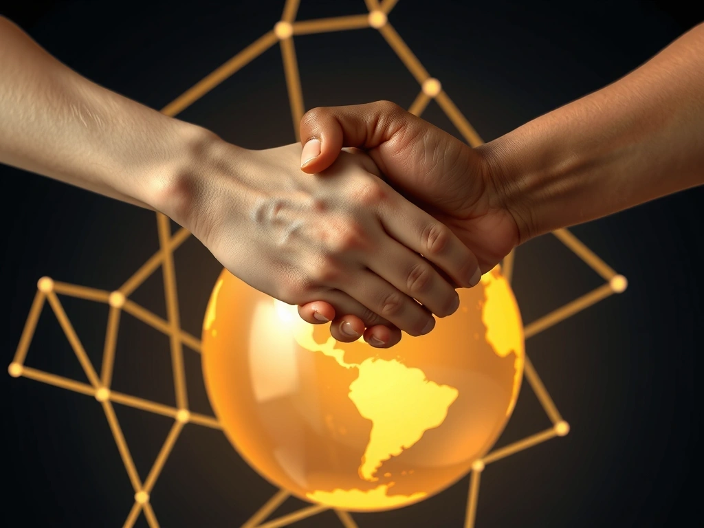 Two hands shaking over a globe, symbolizing data sharing and collaboration