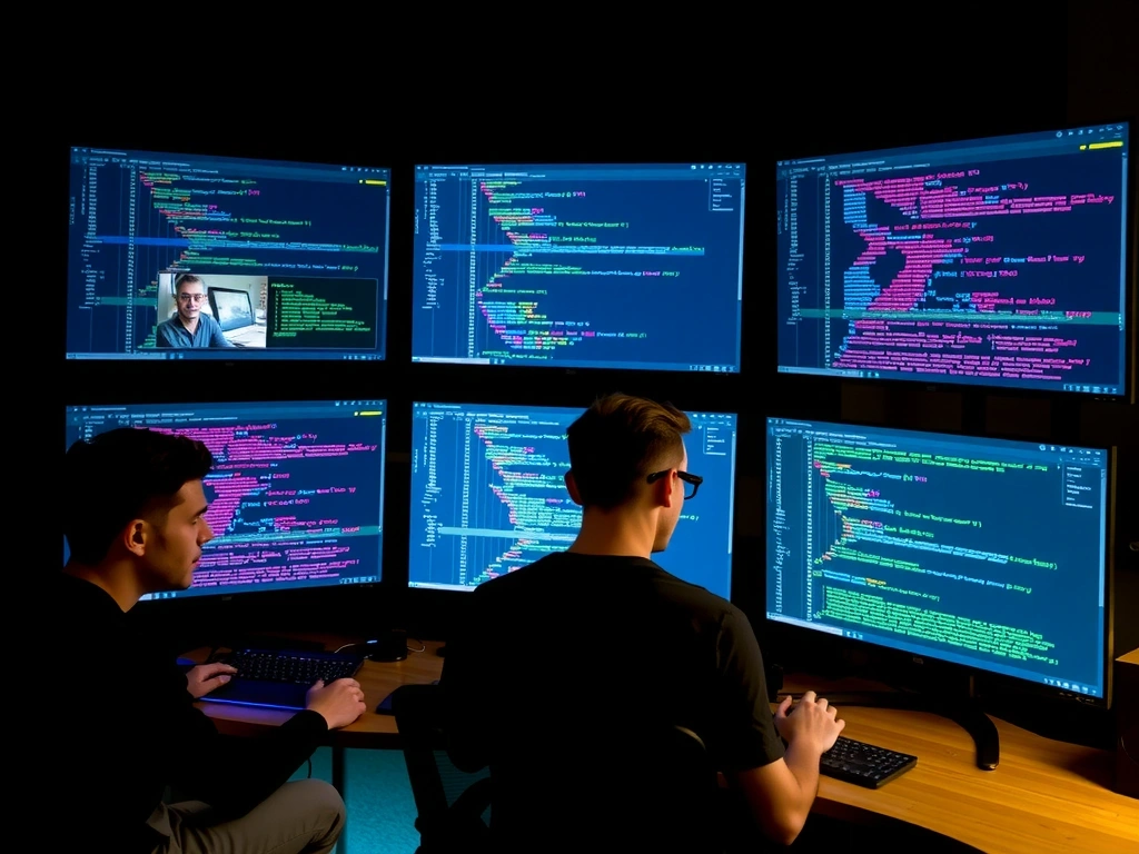 A team of web developers collaborating on code, with multiple screens displaying intricate web designs and code snippets, demonstrating teamwork and complex problem-solving.